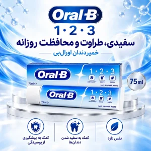 تیوب و جعبهٔ خمیر دندان Oral-B 1·2·3 روی زمینهٔ آبی
