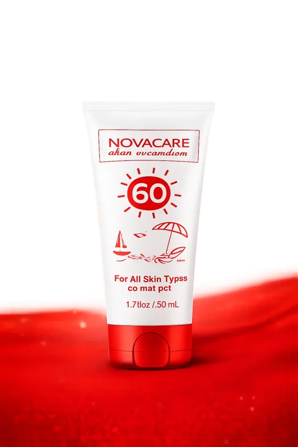 تیوب سفید و نارنجی ضدآفتاب SPF60 نواکر روی زمینهٔ نارنجی