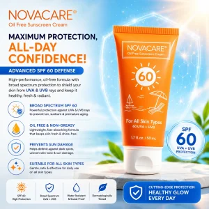 تیوب نارنجی ضدآفتاب SPF60 نواکر روی زمینهٔ آبی
