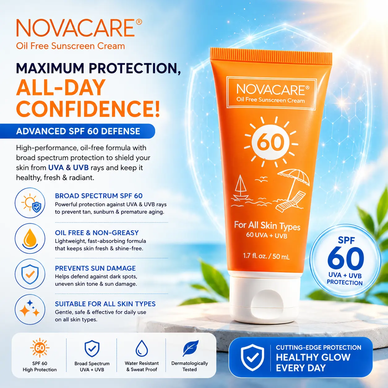 تیوب نارنجی ضدآفتاب SPF60 نواکر روی زمینهٔ آبی