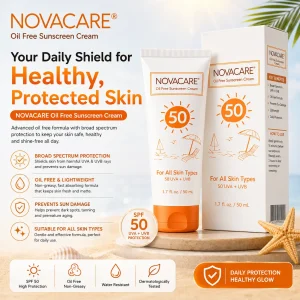تیوب و جعبهٔ ضدآفتاب SPF50 نواکر کنار برگ‌های نعناع