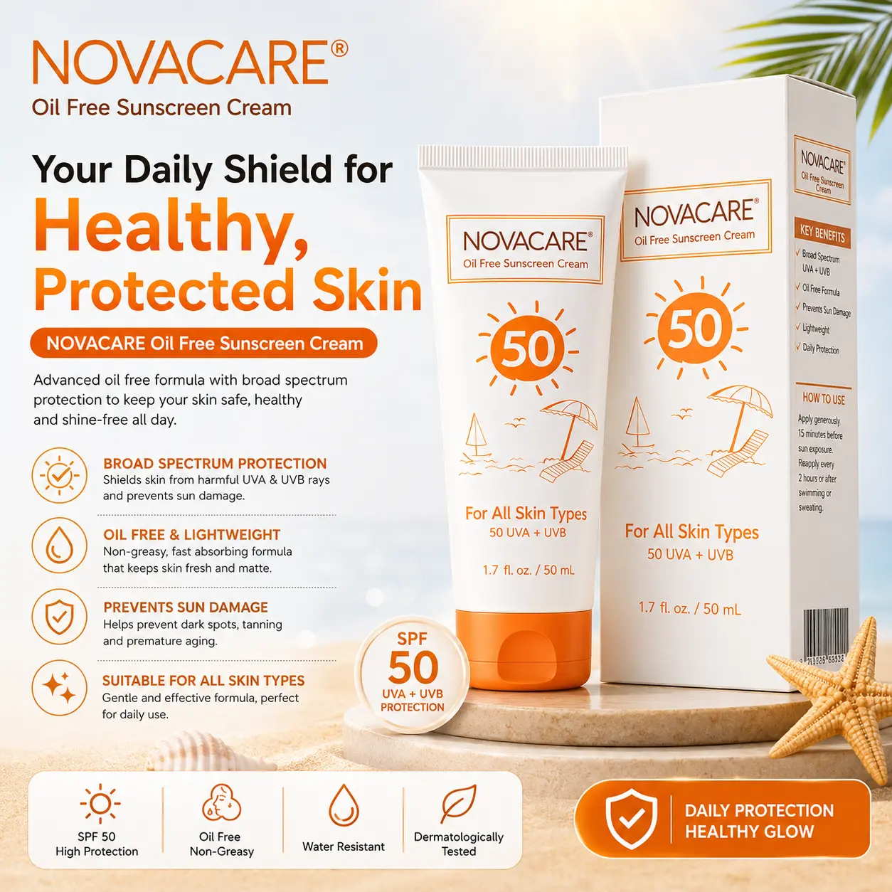 تیوب و جعبهٔ ضدآفتاب SPF50 نواکر کنار برگ‌های نعناع